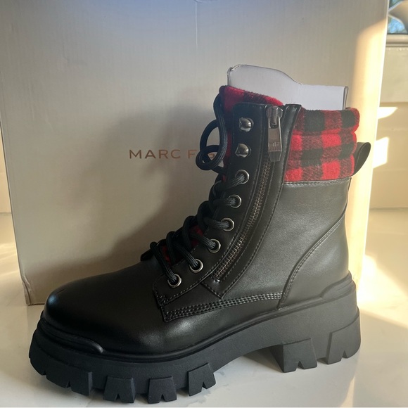 Marc Fisher Women’s Sz 9 Black Leather Buffalo Check Upper & Tongue Combat Boots - Picture 6 of 11